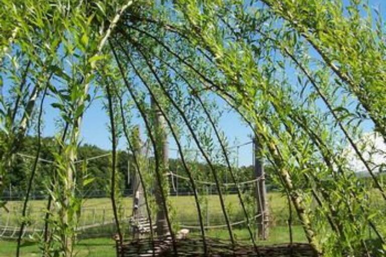 Spielhäuser aus Holz und Weiden an Kindergarten und Schule